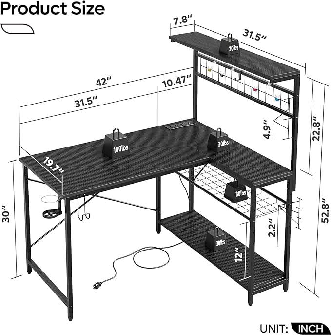Bestier Gaming Desk with Power Outlets,42 Computer Desk with LED Lights, Reversible Corner Desk with 4-Tier Shelves,Cup Holder & Hook for Home Office,Carbon Fiber Black - LeafyLoom