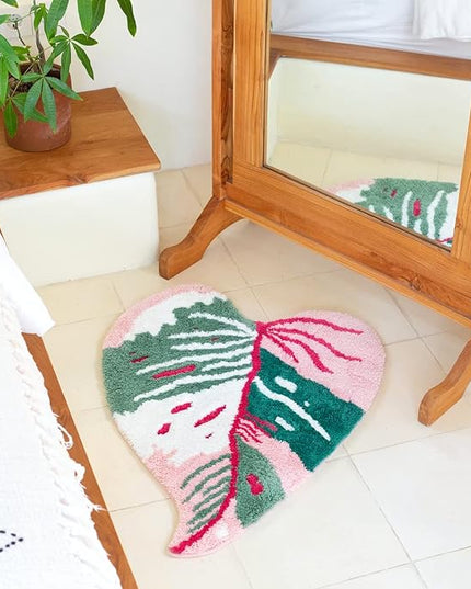 Pink Princess Non Slip Bath Mat or Kitchen Tufted Rug, Plant Leaf Shaped Kids Pets Floor Mat Carpet, Green, 32" x 24" - LeafyLoom