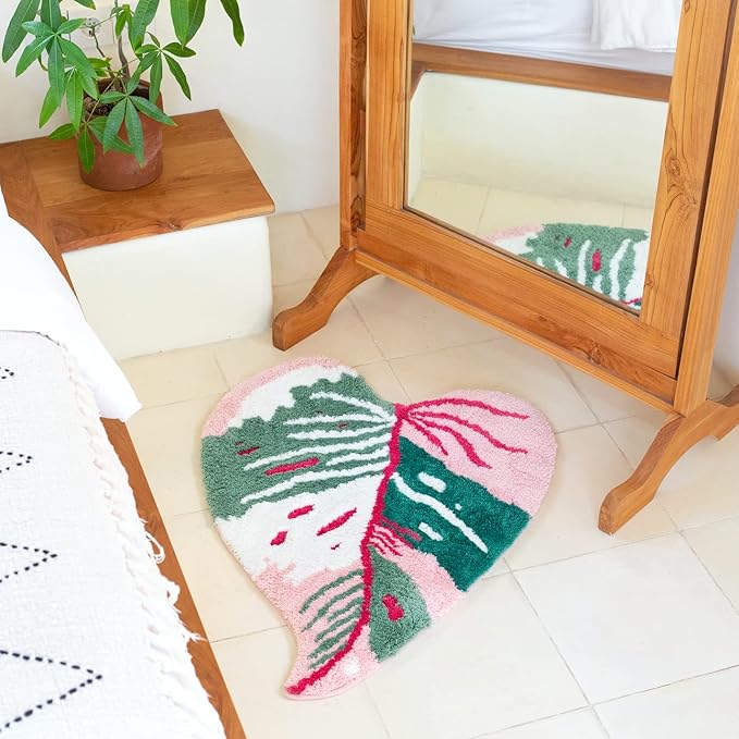 Pink Princess Non Slip Bath Mat or Kitchen Tufted Rug, Plant Leaf Shaped Kids Pets Floor Mat Carpet, Green, 32" x 24" - LeafyLoom