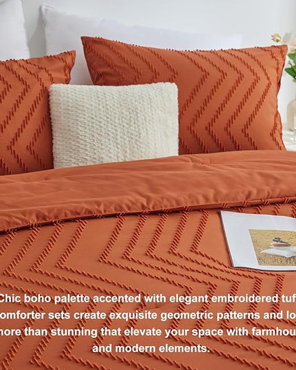 CozyLux King Size Comforter Set Burnt Orange - 3 Pieces Terracotta Boho Tufted Shabby Chic Bedding Comforter Set for All Seasons, Chevron Bedding Sets with Comforter & 2 Pillow Shams - LeafyLoom