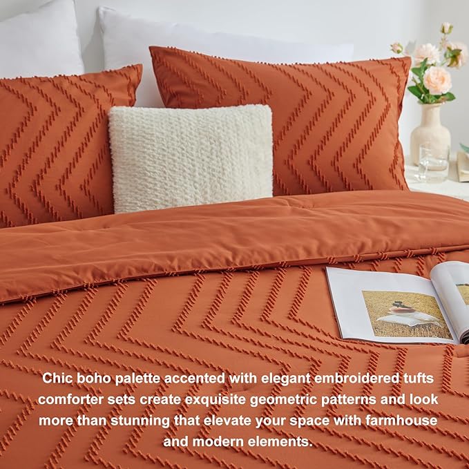CozyLux King Size Comforter Set Burnt Orange - 3 Pieces Terracotta Boho Tufted Shabby Chic Bedding Comforter Set for All Seasons, Chevron Bedding Sets with Comforter & 2 Pillow Shams - LeafyLoom
