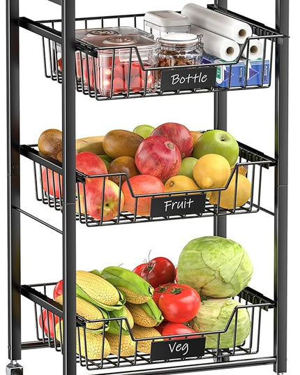 Kitchen Storage Cart with Wheels, 4-Tier Metal Utility Rolling Cart Fruit Vegetable Storage Basket Pantry Rack with Wood Top & Pull Out Baskets for Kitchen, Livingroom, Diningroom, Office - LeafyLoom