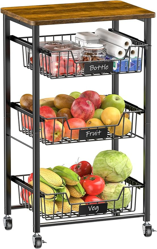Kitchen Storage Cart with Wheels, 4-Tier Metal Utility Rolling Cart Fruit Vegetable Storage Basket Pantry Rack with Wood Top & Pull Out Baskets for Kitchen, Livingroom, Diningroom, Office - LeafyLoom