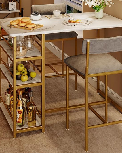 GAOMON Dining Table Set for 2, Kitchen Table and Upholstered Chairs for 2, 3 Piece Counter Height Bar Kitchen Table Set with 3 Storage Shelves for Small Space, Apartment, Velvet Gray and Gold White - LeafyLoom
