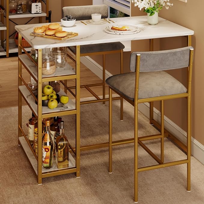 GAOMON Dining Table Set for 2, Kitchen Table and Upholstered Chairs for 2, 3 Piece Counter Height Bar Kitchen Table Set with 3 Storage Shelves for Small Space, Apartment, Velvet Gray and Gold White - LeafyLoom