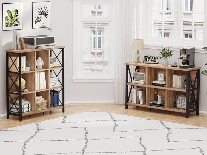 FATORRI 9 Cube Storage Bookshelf, Industrial 4 Shelf Book Shelf, Farmhouse Wood and Metal Cubby Bookcase for Home Office (39.37" W, Rustic Oak) - LeafyLoom