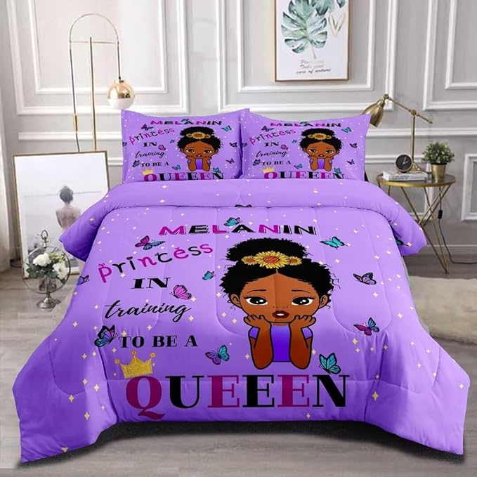 Black Girl Comforter Set Queen for Kids,Black Girl Magic Bedding Set,African American Girl Inspirational Quotes Comforter Set,Black Princess Bed Bedroom Set - LeafyLoom