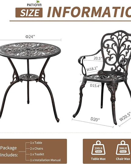 3 Piece Patio Furniture Dining Set Aluminum Patio Bistro Set Outdoor Furniture with Umbrella Hole for Yard, Balcony, Bronze - LeafyLoom