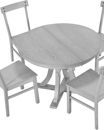 Merax 5-Piece Rustic Set with Round Pedestal Extendable Table and 15.7" Removable Leaf, Simple Dining Chirs for Small Places, Gray, Grey - LeafyLoom
