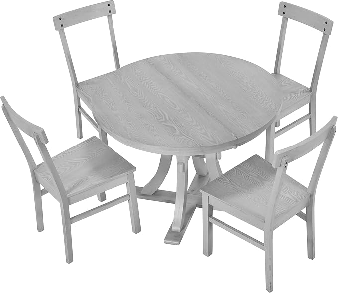 Merax 5-Piece Rustic Set with Round Pedestal Extendable Table and 15.7" Removable Leaf, Simple Dining Chirs for Small Places, Gray, Grey - LeafyLoom