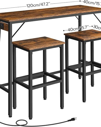HOOBRO Bar Table Set with Power Outlet, 47.2“ Bar Table and Chairs Set, 3-Piece Pub Table Set, Kitchen Bar Height Table with Stools of 2, for Living Room, Dining Room, BF46UBT01 - LeafyLoom