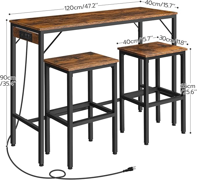 HOOBRO Bar Table Set with Power Outlet, 47.2“ Bar Table and Chairs Set, 3-Piece Pub Table Set, Kitchen Bar Height Table with Stools of 2, for Living Room, Dining Room, BF46UBT01 - LeafyLoom