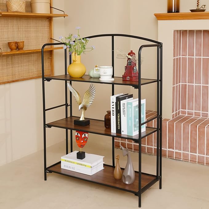 No Assembly Folding Bookshelf, 3 Tier Black Bookshelf, Metal Book Shelf for Storage, Folding Bookcase for Office Organization and Storage, 12.87" D x 30.9" W x 42.33" H - LeafyLoom
