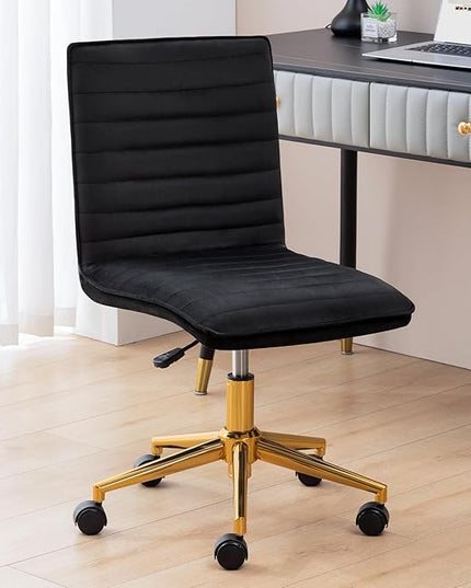 Furniliving Home Office Chair, Armless Vanity Chair with Wheels Swivel Velvet Computer Rolling Desk Chair with Back, Adjustable Accent Chair with Gold Metal Base Stool Chair,Black - LeafyLoom