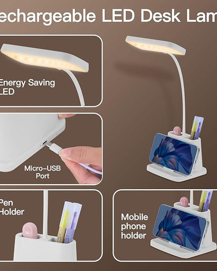 Desk Lamps for Home Office,3 Lighting Modes, Adjustable Brightness, Adjustable Gooseneck Reading Lamp,Rechargeable,Battery Operated Children's Eye Protection Learning Lamp with Pen Holder - LeafyLoom