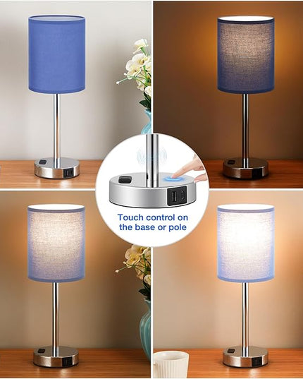 Innqoo Navy Blue Nightstand Lamps Set of 2-3 Way Dimmable Bedside Lamp with USB C and A Ports and Outlets, Modern Lamps for Bedrooms Set of 2 with Silver Base, Small Table Lamps for Boys Kids - LeafyLoom