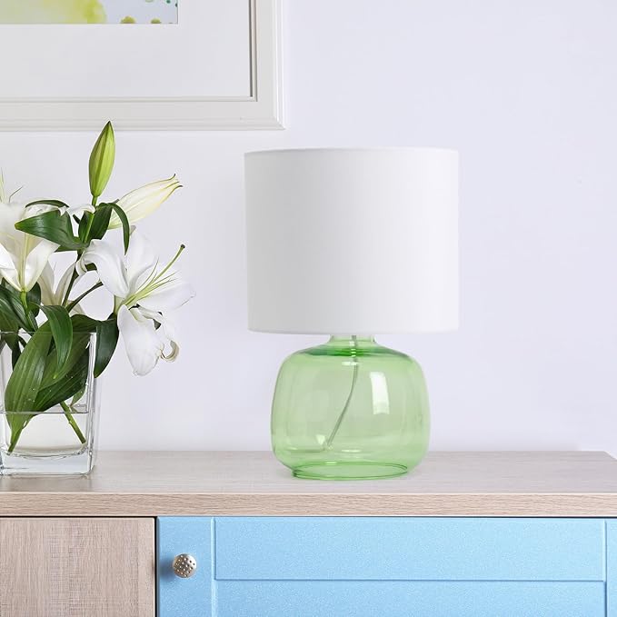 Simple Designs LT2064-GRW Glass Table Lamp with Fabric Shade, Green with White Shade - LeafyLoom