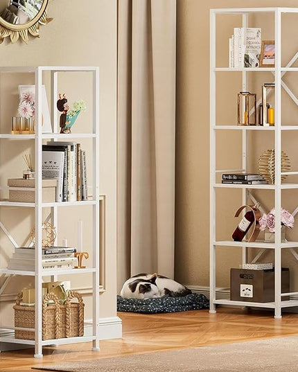 Furologee White Tall Bookshelf, Narrow Bookcase with 6 Shelves, Modern Freestanding Shelf Units, Metal and Wood Display Storage Corner Rack Organizer for Living Room, Home Office, Hallway, Bathroom - LeafyLoom