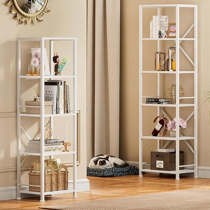 Furologee White Tall Bookshelf, Narrow Bookcase with 6 Shelves, Modern Freestanding Shelf Units, Metal and Wood Display Storage Corner Rack Organizer for Living Room, Home Office, Hallway, Bathroom - LeafyLoom