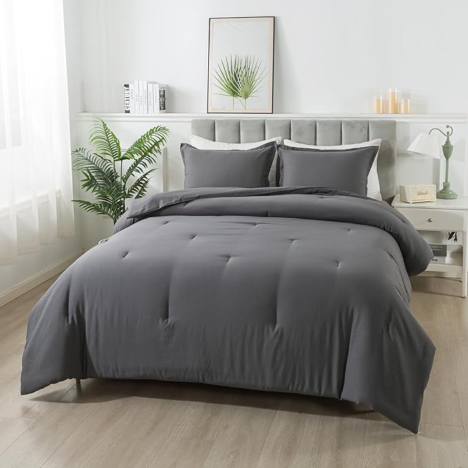Dark Gray Comforter Set King, Solid Grey Down Alternative Bedding Comforter Set, Breathable Fluffy Microfiber Comforter King Size (104"x90") for All Seasons with Pillowcase… - LeafyLoom