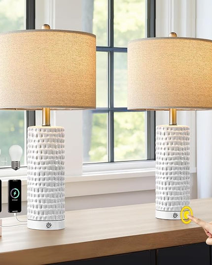 PORTRES 24" Farmhouse 3-Way Dimmable Touch Ceramic Table Lamp Set of 2 for Bedroom White Bedside Lamps with USB A+C Charging Ports for Living room Nightstand Lamp End Table lamps - LeafyLoom