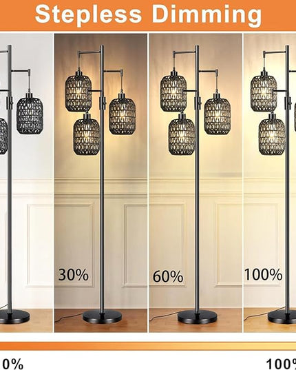 Floor Lamp for Living Room,Bedroom,Boho Rattan Floor Lights,Dimmable Industrial Black Farmhouse Tree 3 Standing Lamp Wicker Rustic Tall Lamp,Woven Bamboo Lamp Shade Floor Lamps Bohemian - LeafyLoom