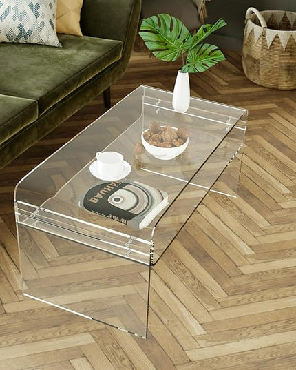 Acrylic Coffee Table, 31.5" Clear Coffee Table with Storage Shelf, Rectangle Centre Table, Modern Coffee Table for Living Room, Office，31.5" L x 15.8" W x 15" H - LeafyLoom