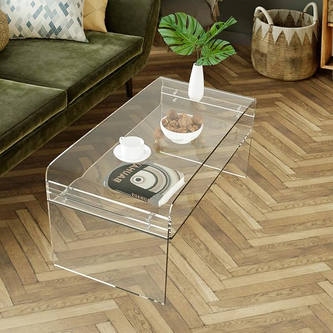 Acrylic Coffee Table, 31.5" Clear Coffee Table with Storage Shelf, Rectangle Centre Table, Modern Coffee Table for Living Room, Office，31.5" L x 15.8" W x 15" H - LeafyLoom