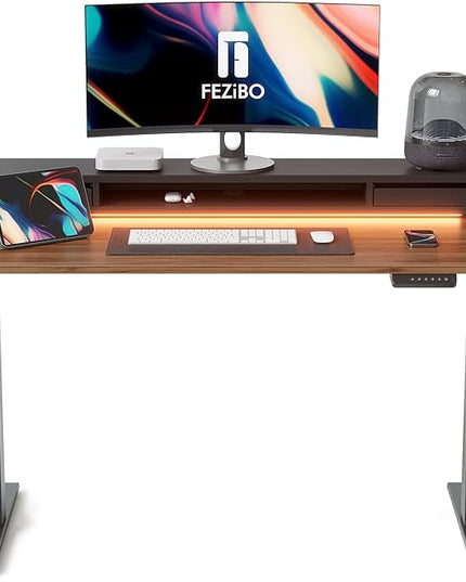 FEZIBO 48 x 24 Inch Height Adjustable Electric Standing Desk with Double Drawers, Stand Up Desk with LED Strips, Sit Stand Desk with Monitor Stand, Blcak Walnut - LeafyLoom