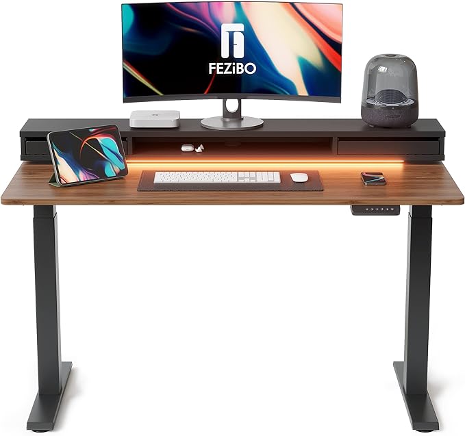 FEZIBO 48 x 24 Inch Height Adjustable Electric Standing Desk with Double Drawers, Stand Up Desk with LED Strips, Sit Stand Desk with Monitor Stand, Blcak Walnut - LeafyLoom