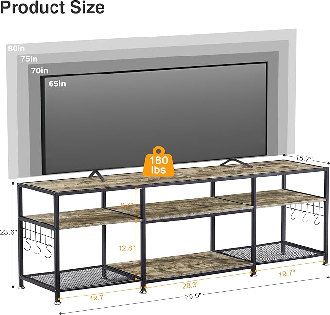 VECELO 70" TV Stand for 65/70/75 Inch Television, Entertainment Center with Storage Shelves & Hooks, 3-Tier Modern Wooden Console Table for Living, Bedroom and Gaming Room, 70 Inch, Oak Grey - LeafyLoom