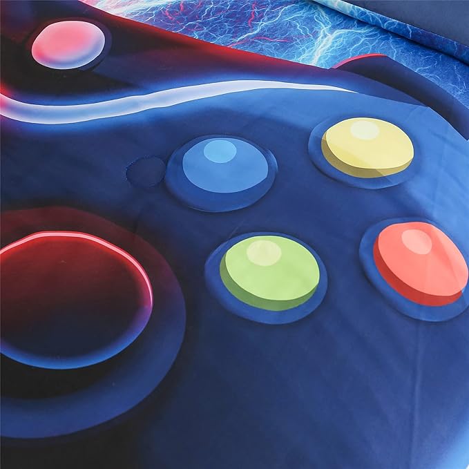 Meeting Story Gamer Gaming Bedding Sets Red-Blue Lightnings Gamepad Comforter Set for Boys Games Console Action Buttons Novelty Colorful Modern Room Decor Home Quilt Set (Red-Blue, Full) - LeafyLoom
