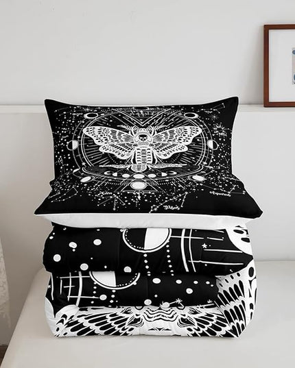 Kids Boho Moth Comforter Set King Boys Gothic Skull Bedding Set for Men Women Bedroom Decor Bohemian Moon Starry Sky Comforter Exotic Moth Skull Skeleton Bones Duvet Set Teens Quilt Set, Black White - LeafyLoom