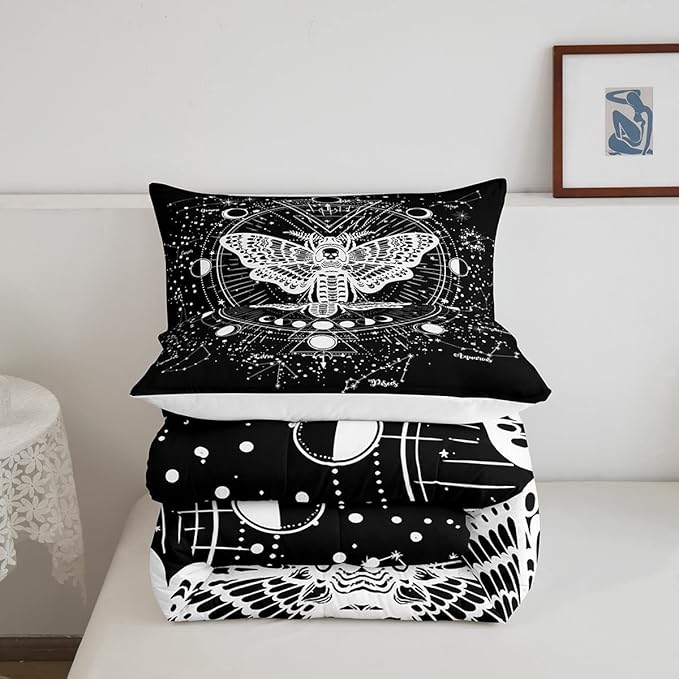 Kids Boho Moth Comforter Set King Boys Gothic Skull Bedding Set for Men Women Bedroom Decor Bohemian Moon Starry Sky Comforter Exotic Moth Skull Skeleton Bones Duvet Set Teens Quilt Set, Black White - LeafyLoom