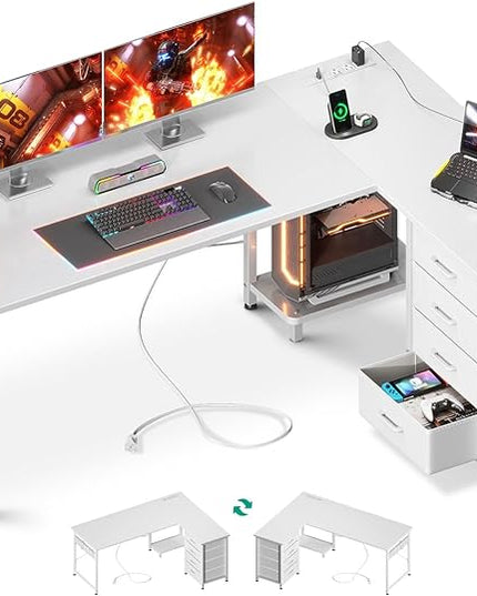 AODK L Shaped Desk with 4 Tier Drawers, 61" Reversible Gaming Desk with Power Outlets, L Shaped Computer Desk with USB Charging Port and Host Stand, Home Office Corner Desk, Easy to Assemble, White - LeafyLoom