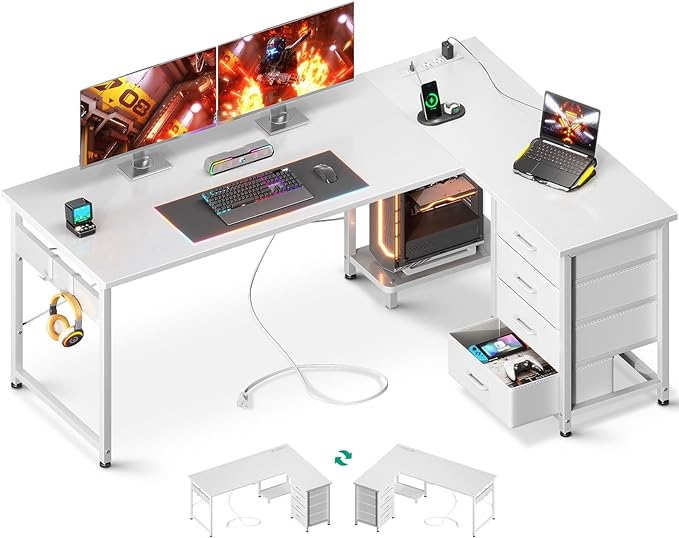 AODK L Shaped Desk with 4 Tier Drawers, 61" Reversible Gaming Desk with Power Outlets, L Shaped Computer Desk with USB Charging Port and Host Stand, Home Office Corner Desk, Easy to Assemble, White - LeafyLoom