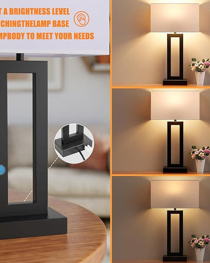 22" Tall Living Room Lamps for Night Stands - Touch Bedside Lamp with USB C+A, 3 Way Dimmable bedroom Lamps for End Tables Set of 2, Modern Night Stand Lamps for Bed Side(White&Black) - LeafyLoom