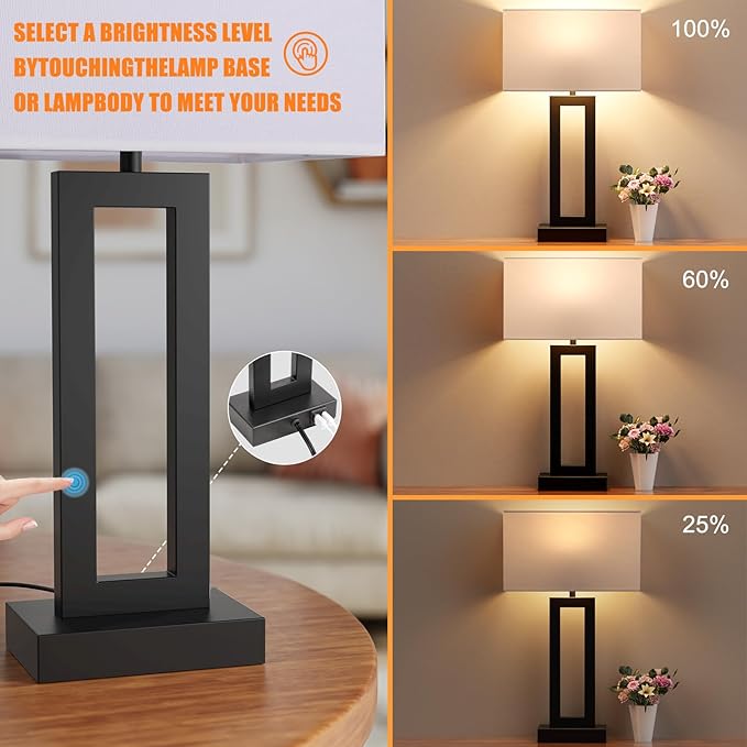 22" Tall Living Room Lamps for Night Stands - Touch Bedside Lamp with USB C+A, 3 Way Dimmable bedroom Lamps for End Tables Set of 2, Modern Night Stand Lamps for Bed Side(White&Black) - LeafyLoom