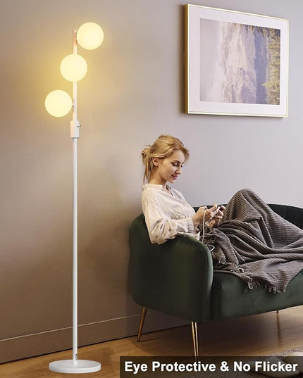 Lightdot Dimmable (Brightness Adjustable) Globe Floor Lamp, White Pole Standing Lamps with 3PCS 3000K G9 Bulbs, Mid Century Modern Floor Lamp for Living Room - LeafyLoom