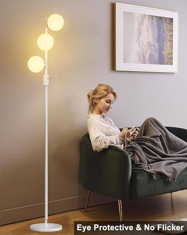 Lightdot Dimmable (Brightness Adjustable) Globe Floor Lamp, White Pole Standing Lamps with 3PCS 3000K G9 Bulbs, Mid Century Modern Floor Lamp for Living Room - LeafyLoom