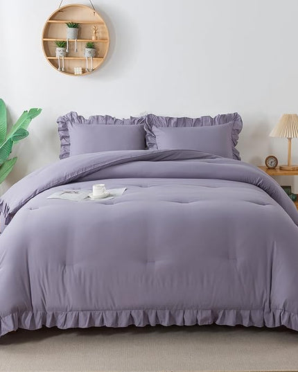 Andency Purple Twin Size Comforter(66x90Inch), 2 Pieces(1 Ruffle Comforter and 1 Pillowcase) Solid Farmhouse Shabby Chic Comforter, Lighteweight and Soft Microfiber Bedding Set - LeafyLoom