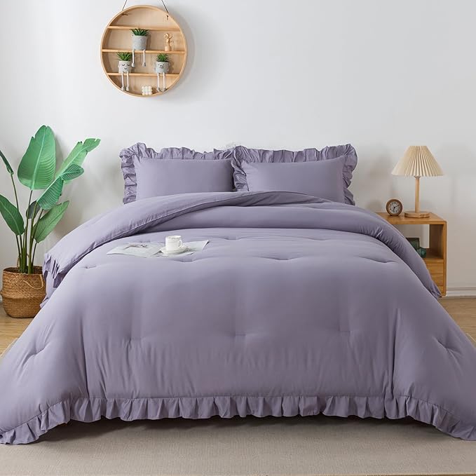 Andency Purple Twin Size Comforter(66x90Inch), 2 Pieces(1 Ruffle Comforter and 1 Pillowcase) Solid Farmhouse Shabby Chic Comforter, Lighteweight and Soft Microfiber Bedding Set - LeafyLoom