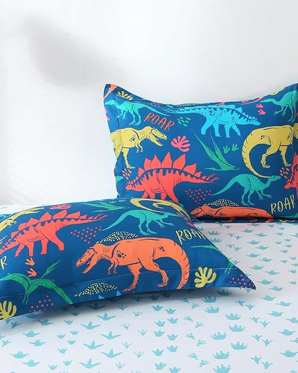 Wajade Boys Dinosaur Comforter Set Bed in A Bag Queen Size 7 Piece 3D Blue Dinosaur Print Bedding Set for Kids Teens(1 Comforter, 1 Flat Sheet, 1 Fitted Sheet, 2 Pillowcase and 2 Pillow Sham) - LeafyLoom
