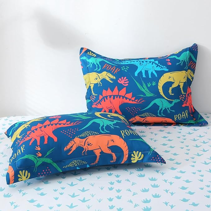 Wajade Boys Dinosaur Comforter Set Bed in A Bag Queen Size 7 Piece 3D Blue Dinosaur Print Bedding Set for Kids Teens(1 Comforter, 1 Flat Sheet, 1 Fitted Sheet, 2 Pillowcase and 2 Pillow Sham) - LeafyLoom