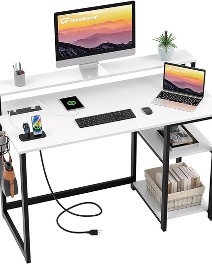 GreenForest Computer Desk with USB Charging Port and Power Outlet, Reversible Home Office Desk with Monitor Stand Storage Shelves for Small Space,47 in Work Desk with Cup Holder Hook,White - LeafyLoom