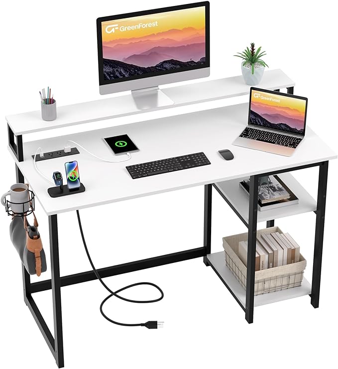 GreenForest Computer Desk with USB Charging Port and Power Outlet, Reversible Home Office Desk with Monitor Stand Storage Shelves for Small Space,47 in Work Desk with Cup Holder Hook,White - LeafyLoom
