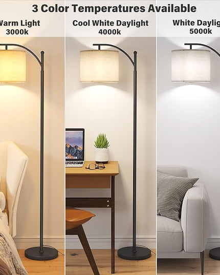SUNMORY Arc Floor Lamp,Modern Floor Lamp with 9W 3 Color Temperatures Bulb,Metal Standing Lamps with Adjustable Hanging Lampshade,Tall Floor Lamps for Living Room,Bedroom,Office (Black) - LeafyLoom