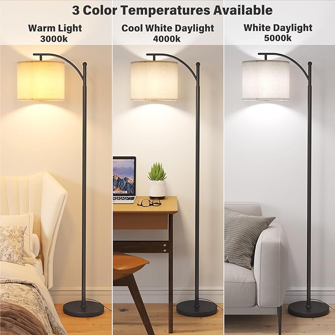 SUNMORY Arc Floor Lamp,Modern Floor Lamp with 9W 3 Color Temperatures Bulb,Metal Standing Lamps with Adjustable Hanging Lampshade,Tall Floor Lamps for Living Room,Bedroom,Office (Black) - LeafyLoom