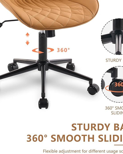 YOUNIKE Armless Office Chair with Wheels Tan Desk Chair Swivel Rolling Computer Task Chair with Back Upholstered Faux Leather Rocking Gaming Chair Height Adjustable Modern Ergonomic Wide Seat - LeafyLoom