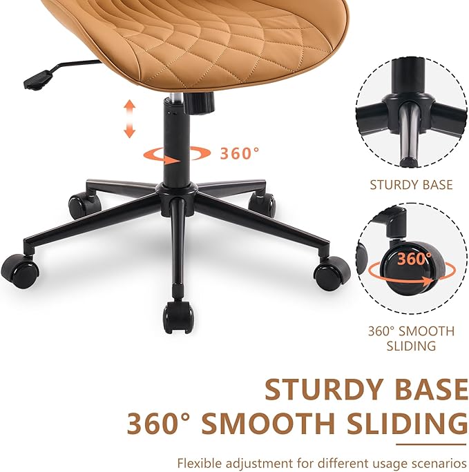YOUNIKE Armless Office Chair with Wheels Tan Desk Chair Swivel Rolling Computer Task Chair with Back Upholstered Faux Leather Rocking Gaming Chair Height Adjustable Modern Ergonomic Wide Seat - LeafyLoom